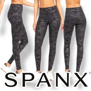 SPANX Faux Leather Camo Leggings Size Small Matte Black Camo